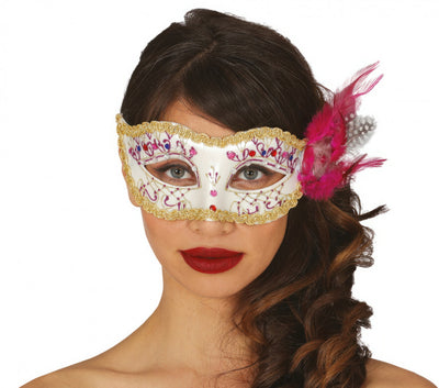 WHITE WITH PINK FEATHER MASK (12022)