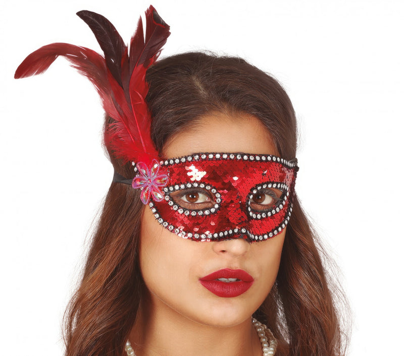 RED SEQUINS MASK WITH FEATHERS (12943)