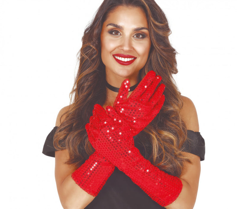 RED SEQUIN GLOVES 39 CMS HQ (17864)